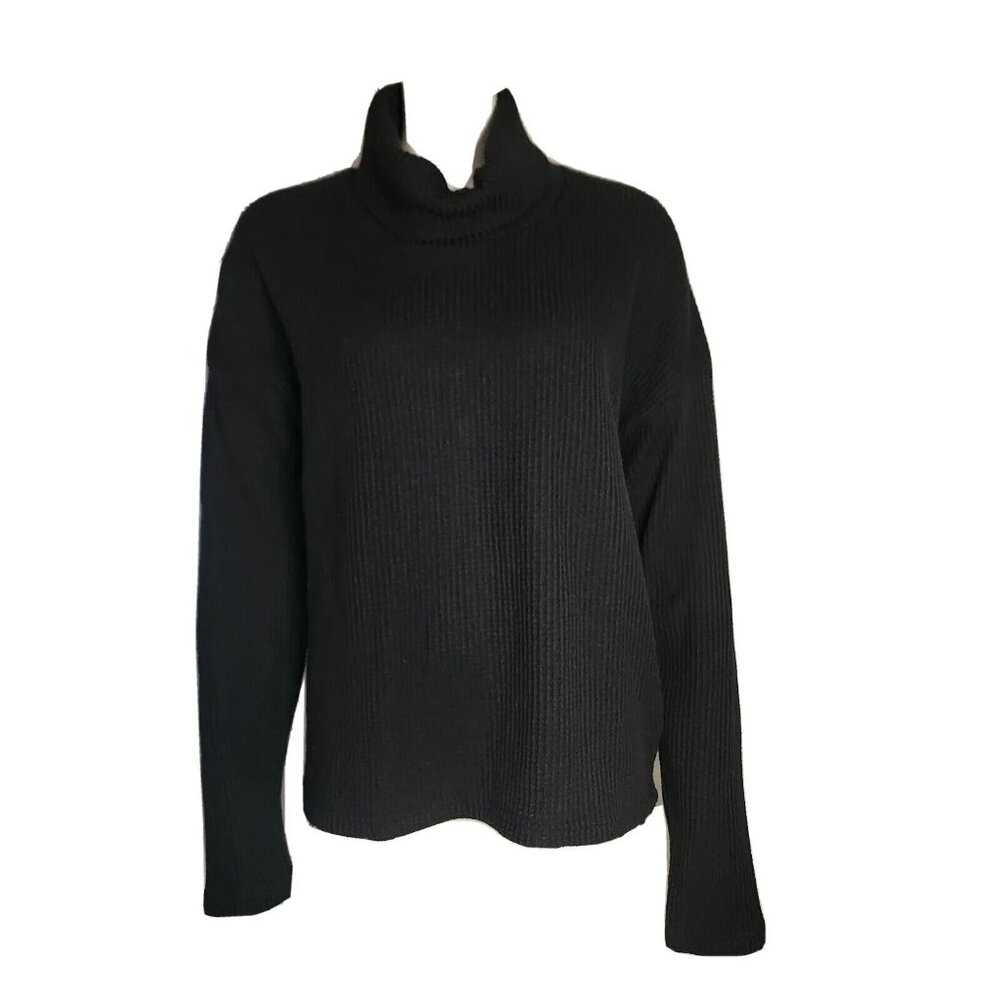 Columbia Pullover Top Womens Size L Large Solid All Black Waffle Knit Turtleneck